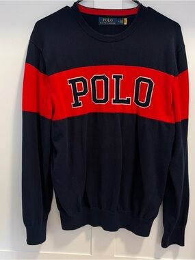 Polo Ralph Lauren Men’s Pullover Sweater Navy & Red “POLO” written across front